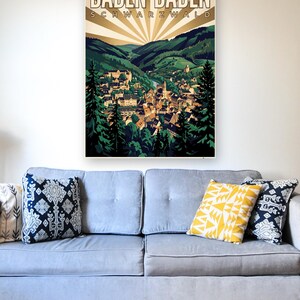 Baden-Baden Poster · Art déco · Schwarzwald · Retro Reiseplakat Trinkhalle & Stadt im Tal 画像 4