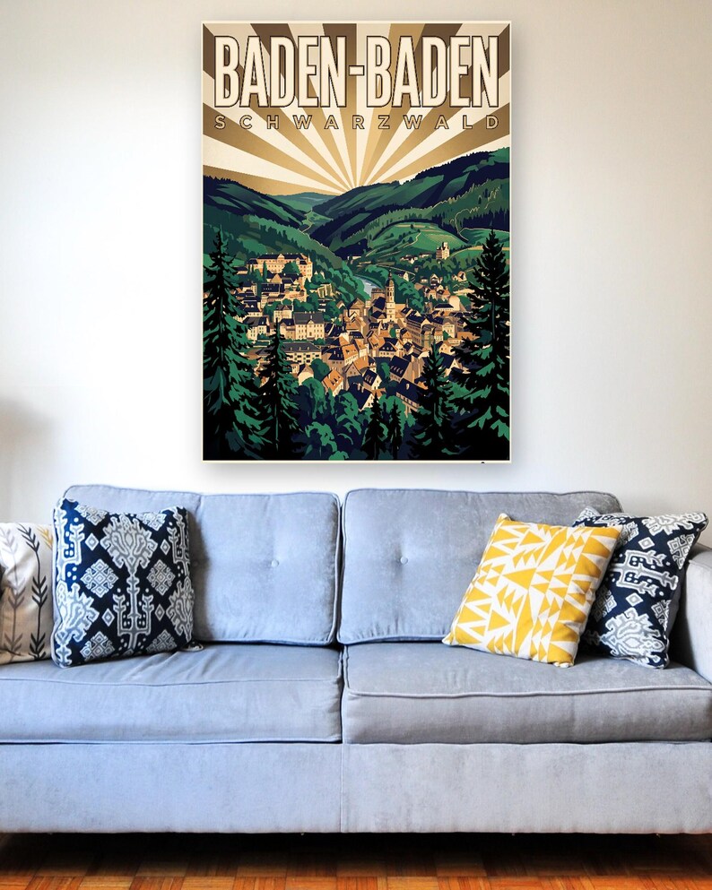Baden-Baden Poster · Art déco · Schwarzwald · Retro Reiseplakat Trinkhalle & Stadt im Tal 画像 4