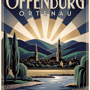 Póster de Offenburg · Art Déco · Ortenau · Póster de viaje retro Plaza del Mercado y Kinzig Kinzig