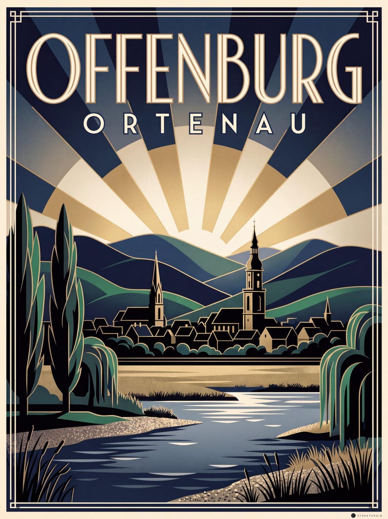 Póster de Offenburg · Art Déco · Ortenau · Póster de viaje retro Plaza del Mercado y Kinzig Kinzig