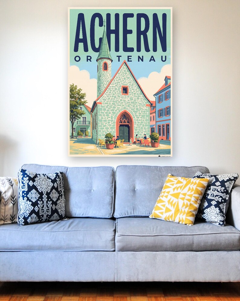 Achern Poster · Mid-Century · Ortenau · Retro Reiseplakat Nikolauskapelle & Illenau Bild 3