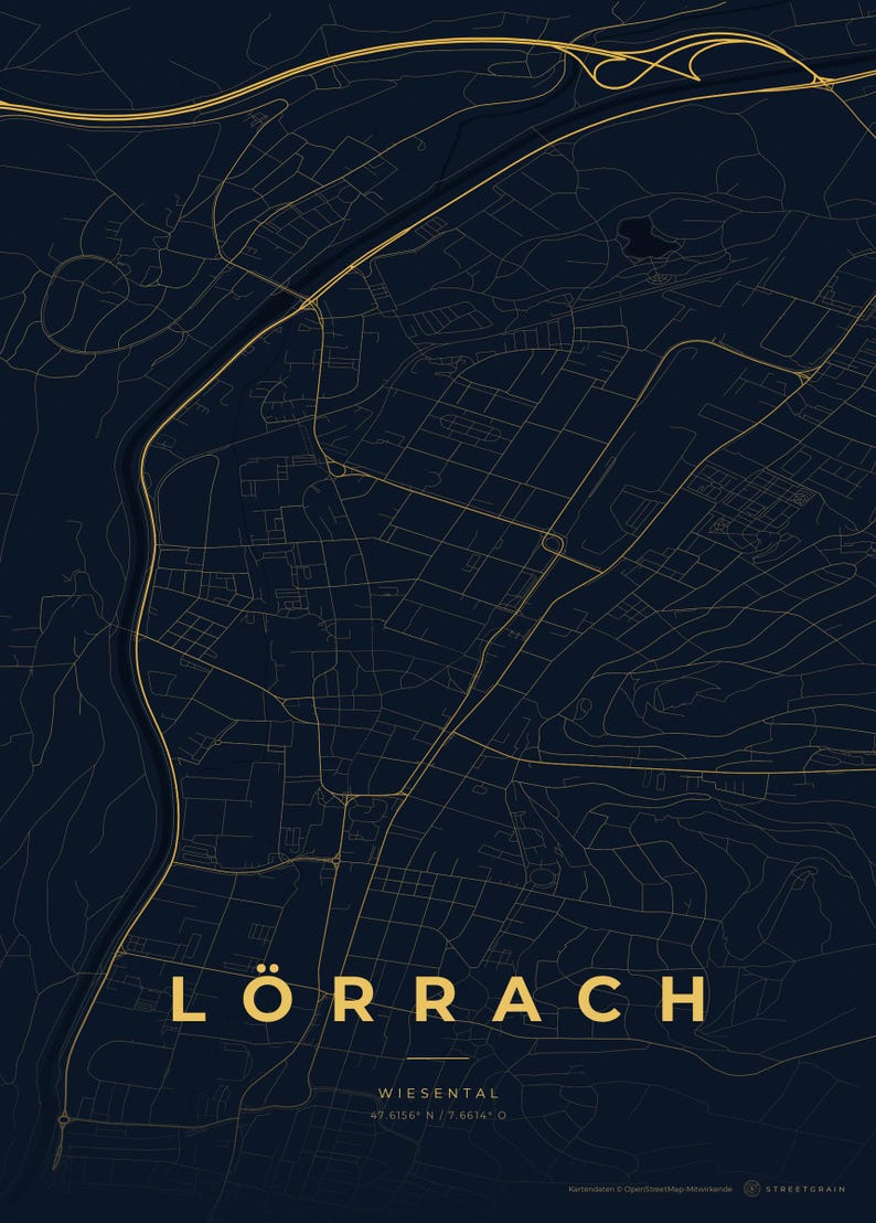 Lörrach City Map Poster · Wiesental · Map in 8 Color Schemes · City Map Wall Mural Nachtblau & Gold