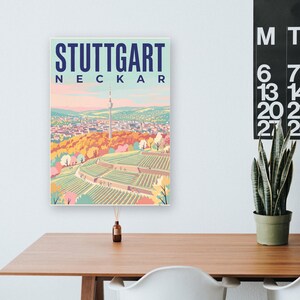 Stuttgart Poster · Mid-Century · Neckar · Retro Reiseplakat Schlossplatz, Fernsehturm, Grabkapelle & Schillerplatz Bild 15