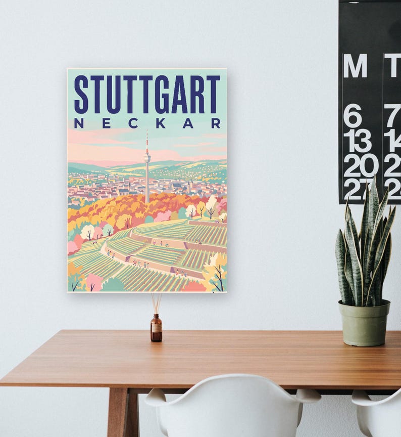 Stuttgart Poster · Mid-Century · Neckar · Retro Reiseplakat Schlossplatz, Fernsehturm, Grabkapelle & Schillerplatz Bild 15