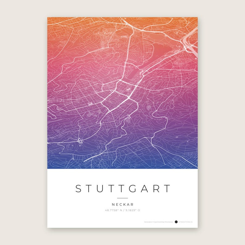 Stuttgart Stadtplan Poster · Neckar · Karte in 8 Farbwelten · Stadtkarte Wandbild Aquarell Gradient