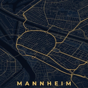 Mannheim Stadtplan Poster · Rhein-Neckar · Karte in 8 Farbwelten · Stadtkarte Wandbild Nachtblau & Gold