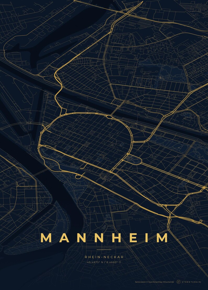 Mannheim Stadtplan Poster · Rhein-Neckar · Karte in 8 Farbwelten · Stadtkarte Wandbild Nachtblau & Gold
