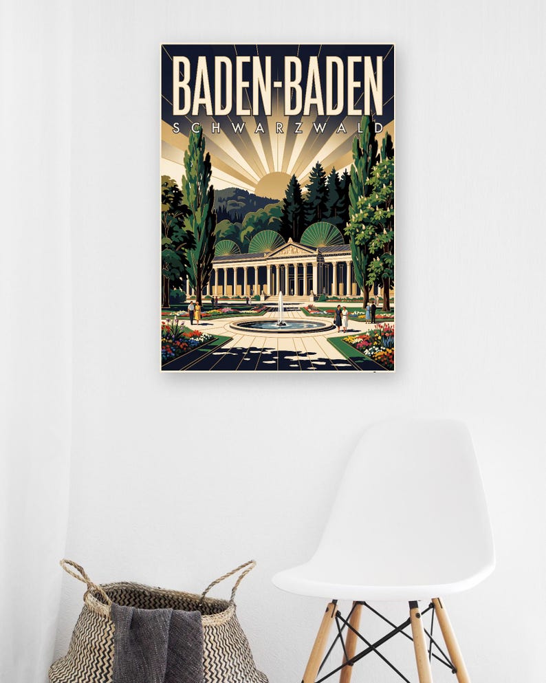Baden-Baden Poster · Art déco · Schwarzwald · Retro Reiseplakat Trinkhalle & Stadt im Tal 画像 5