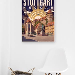 Stuttgart Poster · Art déco · Neckar · Retro Reiseplakat Schlossplatz, Fernsehturm, Grabkapelle & Schillerplatz Bild 13