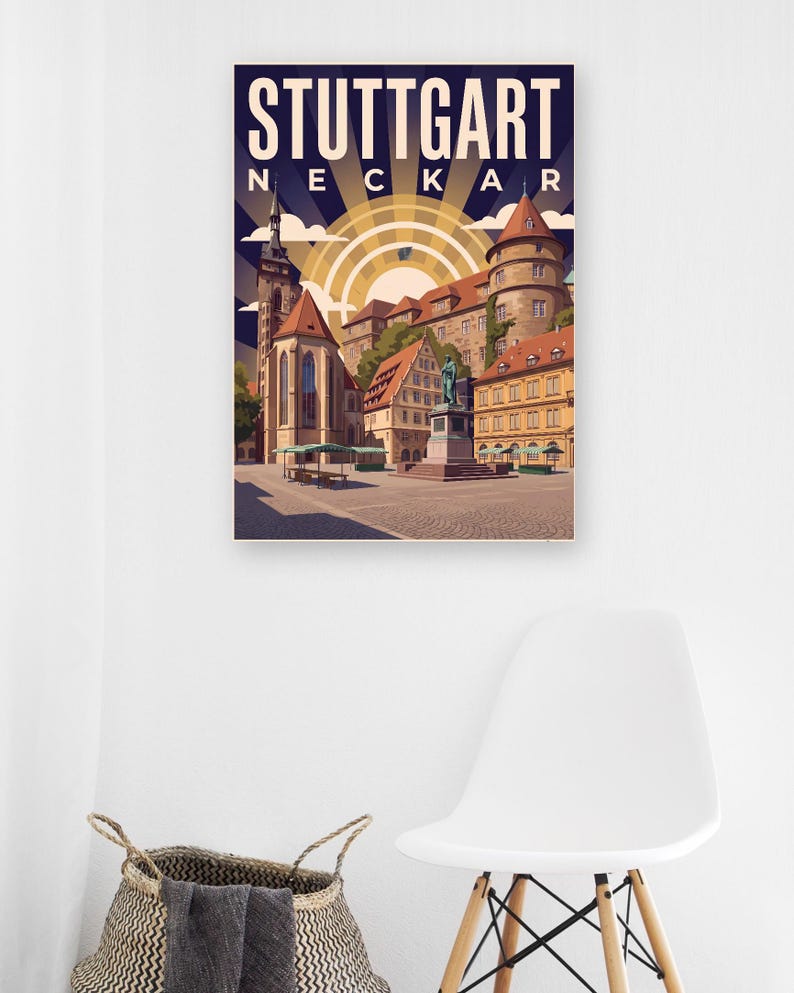 Stuttgart Poster · Art déco · Neckar · Retro Reiseplakat Schlossplatz, Fernsehturm, Grabkapelle & Schillerplatz Bild 13