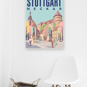 Stuttgart Poster · Mid-Century · Neckar · Retro Reiseplakat Schlossplatz, Fernsehturm, Grabkapelle & Schillerplatz Bild 13