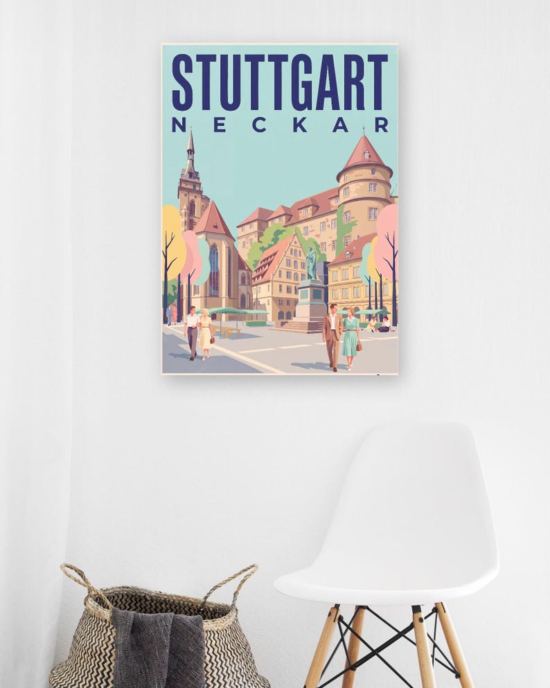 Stuttgart Poster · Mid-Century · Neckar · Retro Reiseplakat Schlossplatz, Fernsehturm, Grabkapelle & Schillerplatz Bild 13