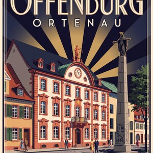 Póster de Offenburg · Art Déco · Ortenau · Póster de viaje retro Plaza del Mercado y Kinzig Marktplatz