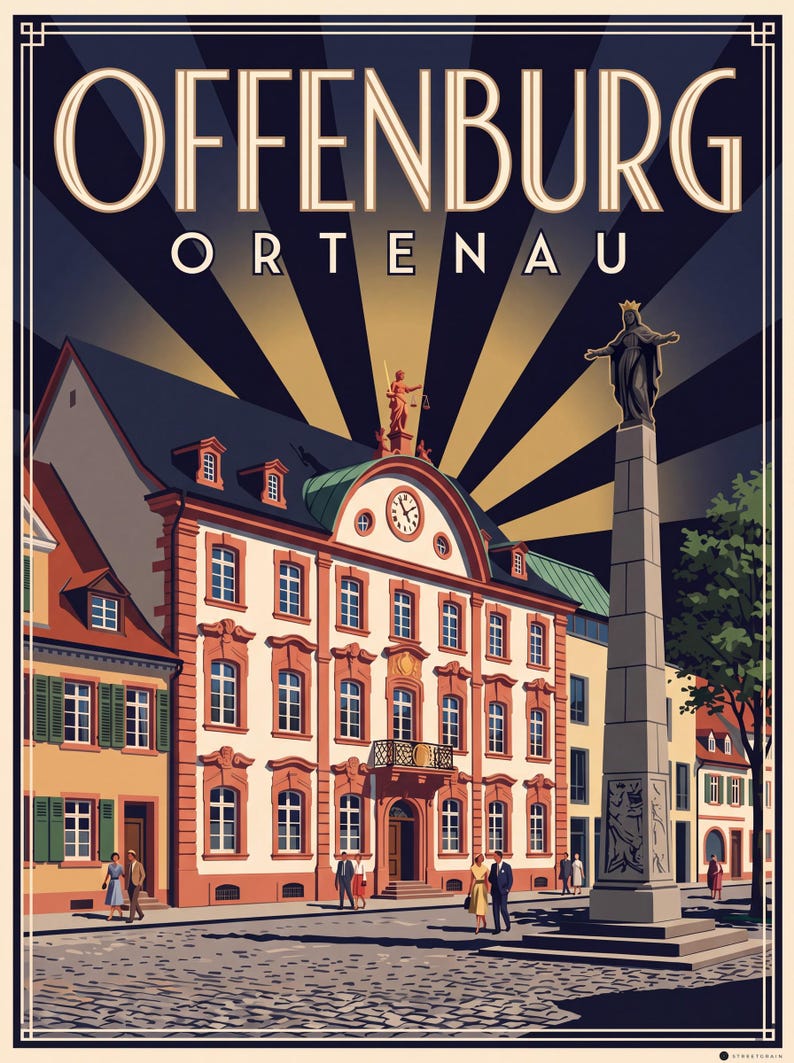 Póster de Offenburg · Art Déco · Ortenau · Póster de viaje retro Plaza del Mercado y Kinzig Marktplatz