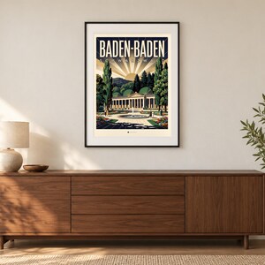 Baden-Baden Poster · Art déco · Schwarzwald · Retro Reiseplakat Trinkhalle & Stadt im Tal 画像 1
