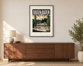 Baden-Baden Poster · Art déco · Schwarzwald · Retro Reiseplakat Trinkhalle & Stadt im Tal