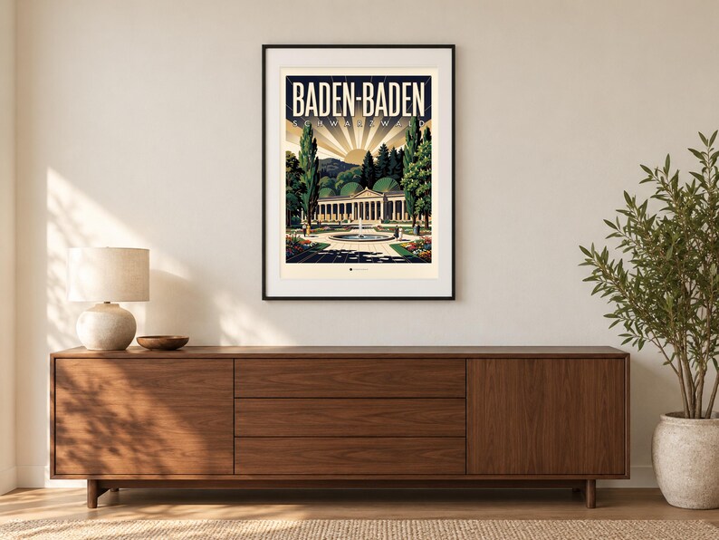 Baden-Baden Poster · Art déco · Schwarzwald · Retro Reiseplakat Trinkhalle & Stadt im Tal 画像 1