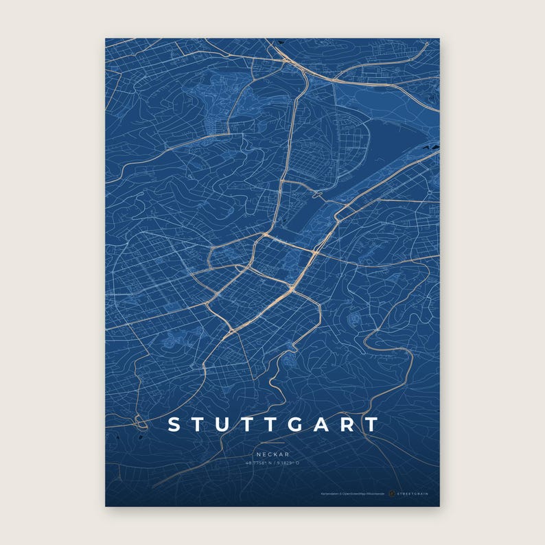 Stuttgart Stadtplan Poster · Neckar · Karte in 8 Farbwelten · Stadtkarte Wandbild Tiefblau & Eis