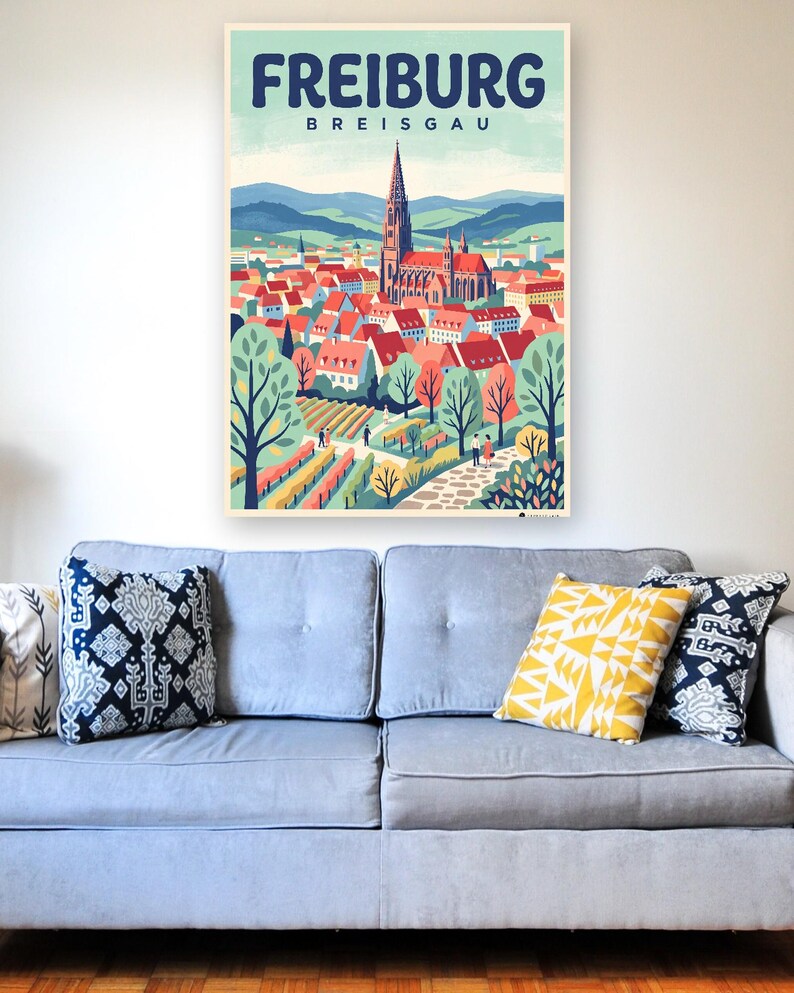 Freiburg Poster · Mid-Century · Breisgau · Retro Reiseplakat Münsterplatz & Schlossberg image 5