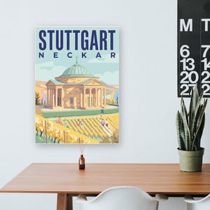 Stuttgart Poster · Mid-Century · Neckar · Retro Reiseplakat Schlossplatz, Fernsehturm, Grabkapelle & Schillerplatz Bild 16