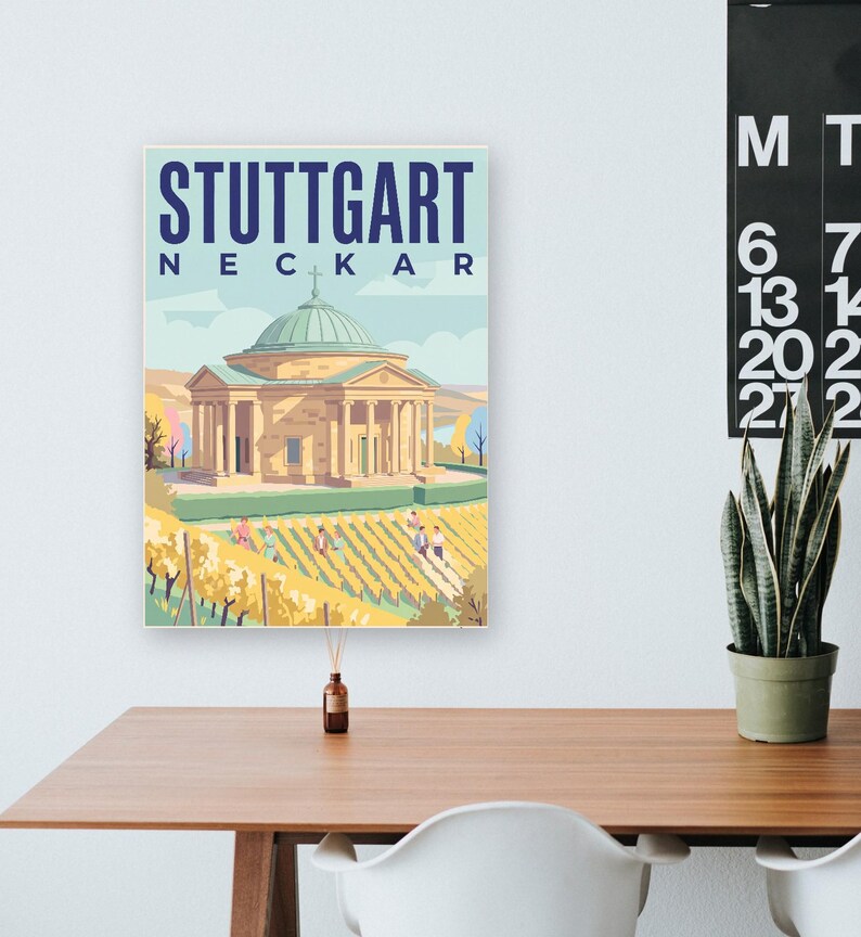 Stuttgart Poster · Mid-Century · Neckar · Retro Reiseplakat Schlossplatz, Fernsehturm, Grabkapelle & Schillerplatz Bild 16