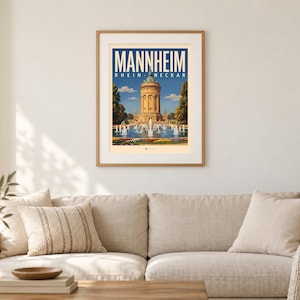 Mannheim Poster · Malerisch · Rhein-Neckar · Retro Reiseplakat Wasserturm & Schloss Bild 1