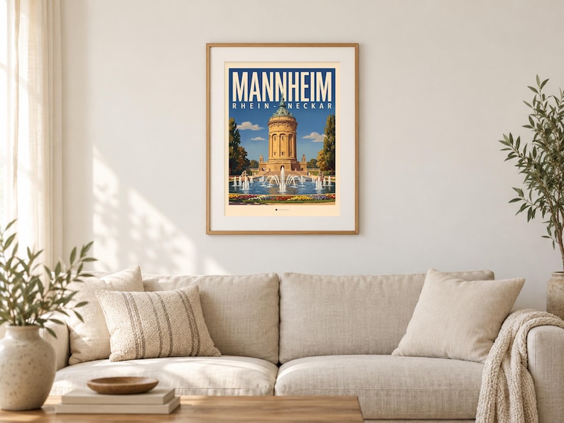 Mannheim Poster · Malerisch · Rhein-Neckar · Retro Reiseplakat Wasserturm & Schloss Bild 1
