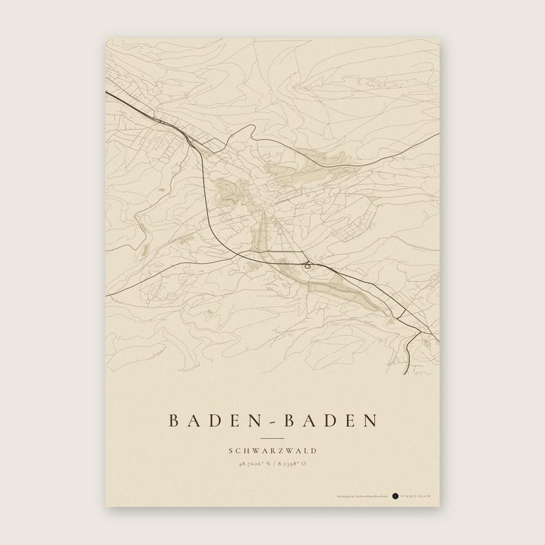 Baden-Baden Stadtplan Poster · Schwarzwald · Karte in 8 Farbwelten · Stadtkarte Wandbild Vintage Sepia
