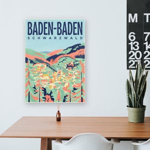 Baden-Baden Poster · Mid-Century · Schwarzwald · Retro Reiseplakat Trinkhalle & Stadt im Tal zdjęcie 8