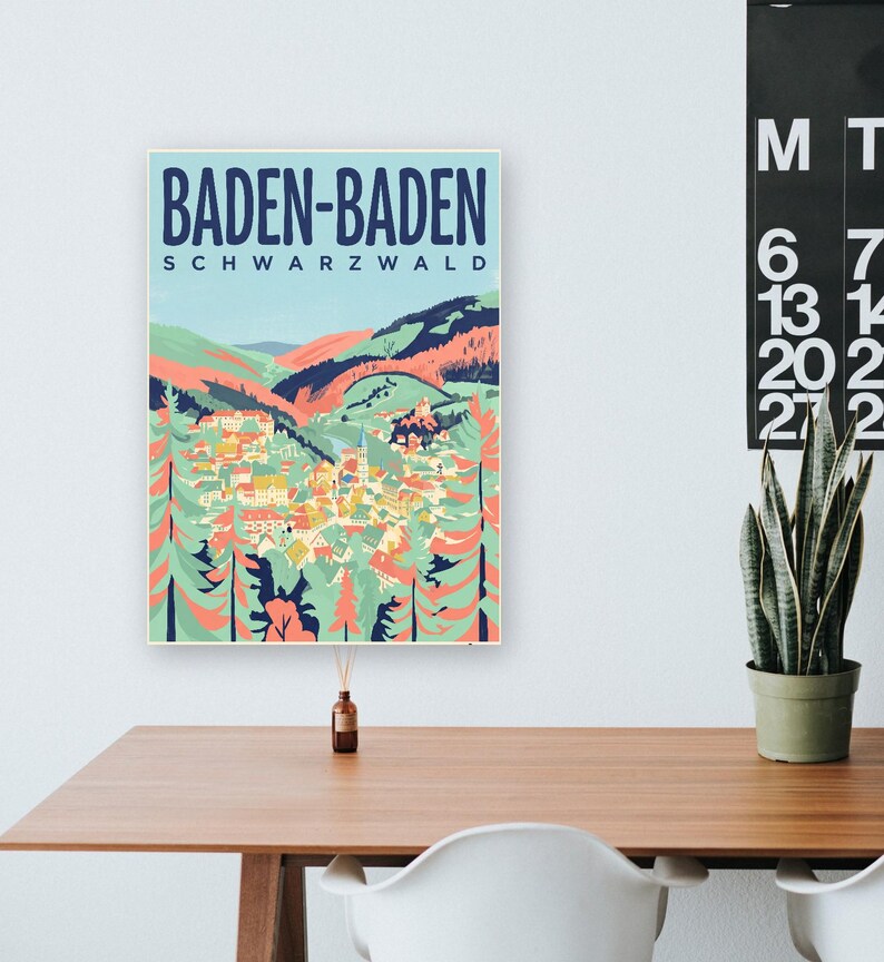 Baden-Baden Poster · Mid-Century · Schwarzwald · Retro Reiseplakat Trinkhalle & Stadt im Tal zdjęcie 8