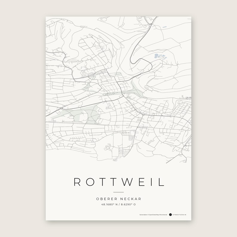Rottweil Stadtplan Poster · Oberer Neckar · Karte in 8 Farbwelten · Stadtkarte Wandbild Classic Minimal