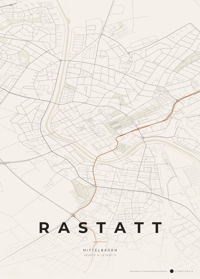 Rastatt Stadtplan Poster · Mittelbaden · Karte in 8 Farbwelten · Stadtkarte Wandbild Papier & Rost