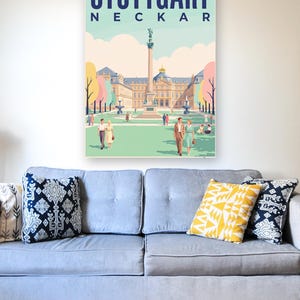 Stuttgart Poster · Mid-Century · Neckar · Retro Reiseplakat Schlossplatz, Fernsehturm, Grabkapelle & Schillerplatz Bild 6