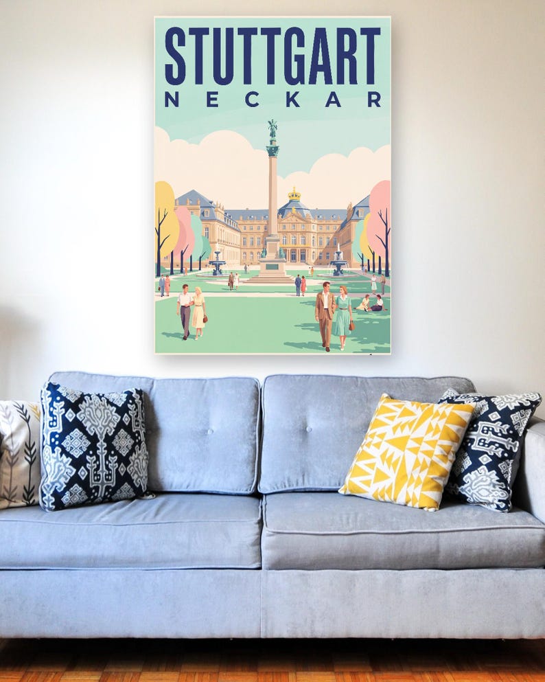 Stuttgart Poster · Mid-Century · Neckar · Retro Reiseplakat Schlossplatz, Fernsehturm, Grabkapelle & Schillerplatz Bild 6