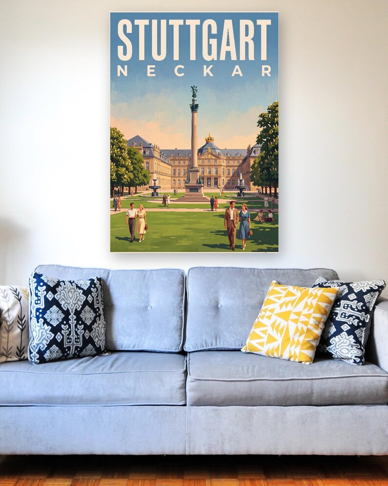 Stuttgart Poster · Malerisch · Neckar · Retro Reiseplakat Schlossplatz, Fernsehturm, Grabkapelle & Schillerplatz image 6