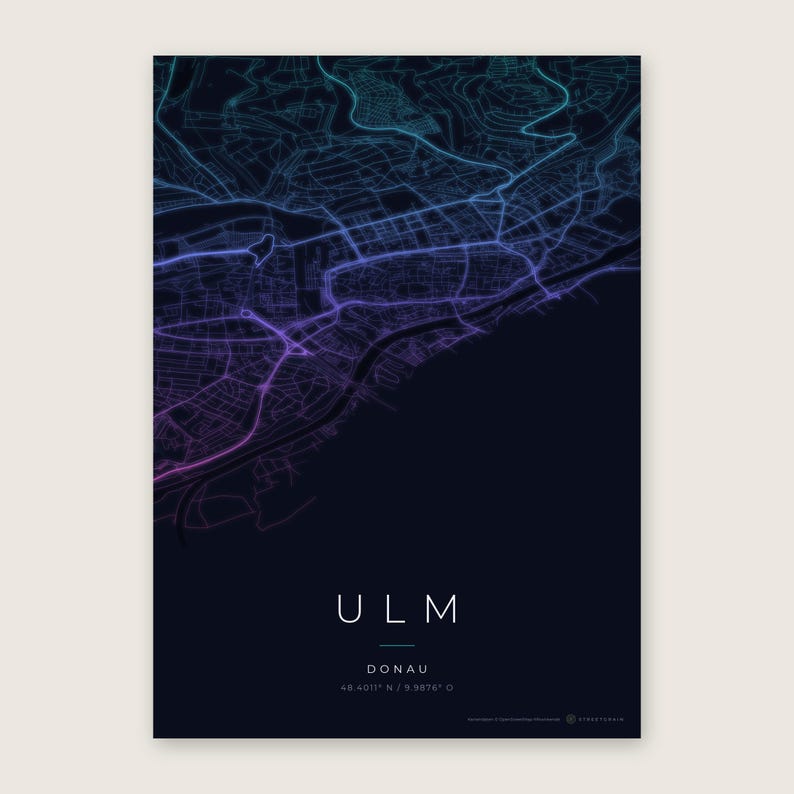 Ulm Stadtplan Poster · Donau · Karte in 8 Farbwelten · Stadtkarte Wandbild Neon Nights
