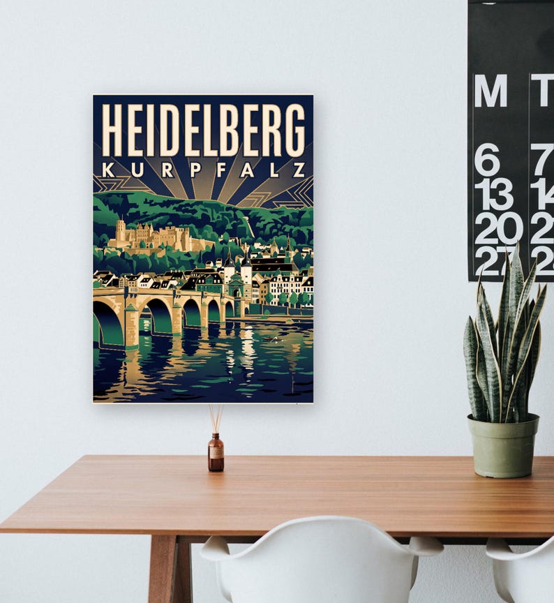 Heidelberg Poster · Art déco · Kurpfalz · Retro Reiseplakat Alte Brücke & Schloss Bild 7