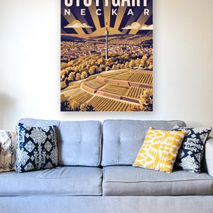 Stuttgart Poster · Art déco · Neckar · Retro Reiseplakat Schlossplatz, Fernsehturm, Grabkapelle & Schillerplatz Bild 7