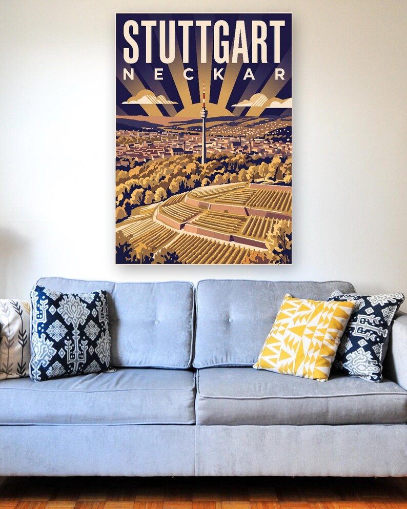 Stuttgart Poster · Art déco · Neckar · Retro Reiseplakat Schlossplatz, Fernsehturm, Grabkapelle & Schillerplatz Bild 7