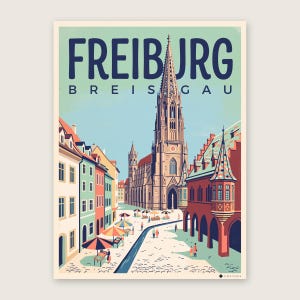 Freiburg Poster · Mid-Century · Breisgau · Retro Reiseplakat Münsterplatz & Schlossberg Münsterplatz