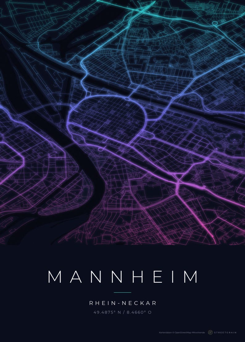 Mannheim Stadtplan Poster · Rhein-Neckar · Karte in 8 Farbwelten · Stadtkarte Wandbild Neon Nights