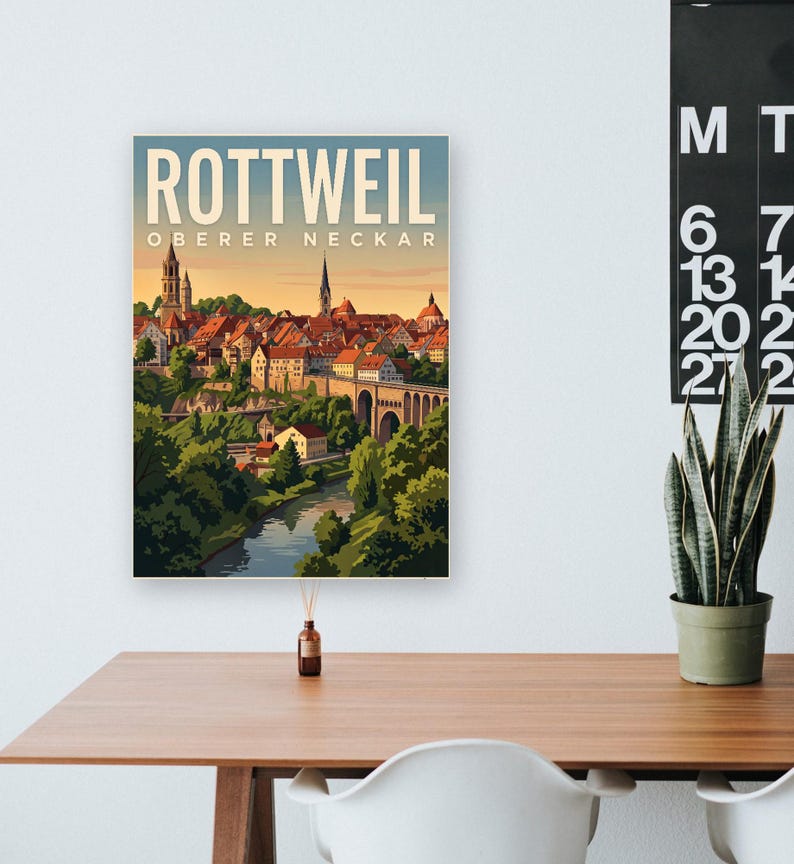 Rottweil Poster · Malerisch · Oberer Neckar · Retro Reiseplakat Schwarzes Tor, Neckartal & Kapellenturm 画像 12