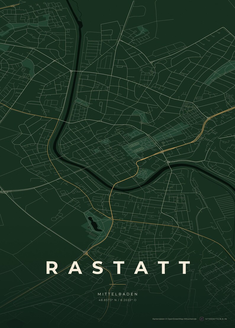 Rastatt Stadtplan Poster · Mittelbaden · Karte in 8 Farbwelten · Stadtkarte Wandbild Schwarzwald & Creme