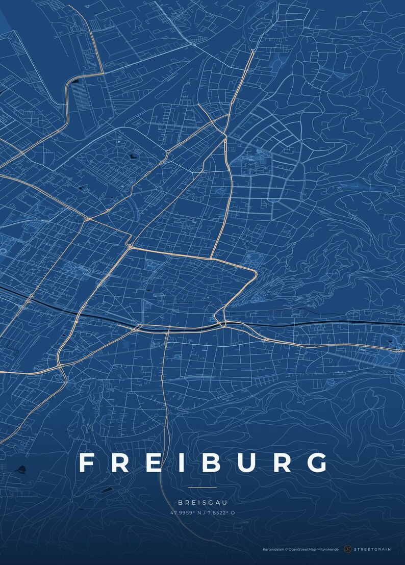 Carte de la ville de Fribourg-en-Brisgau · Carte déclinée en 8 couleurs · Décoration murale carte de ville Tiefblau & Eis