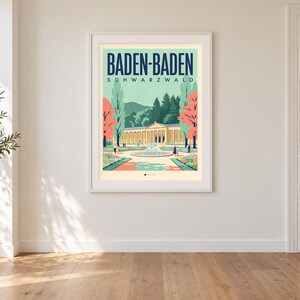 Baden-Baden Poster · Mid-Century · Schwarzwald · Retro Reiseplakat Trinkhalle & Stadt im Tal zdjęcie 1