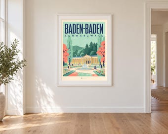 Baden-Baden Poster · Mid-Century · Schwarzwald · Retro Reiseplakat Trinkhalle & Stadt im Tal
