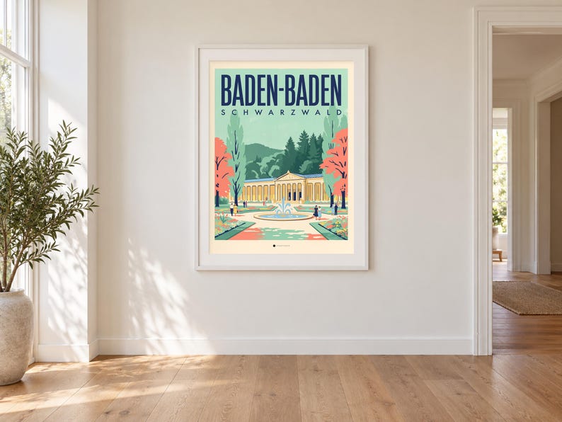 Baden-Baden Poster · Mid-Century · Schwarzwald · Retro Reiseplakat Trinkhalle & Stadt im Tal zdjęcie 1