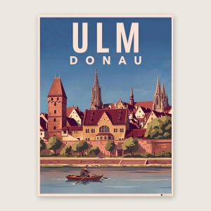 Ulm Poster · Malerisch · Donau · Retro Reiseplakat Münster, Schiefes Haus & Donau Donau