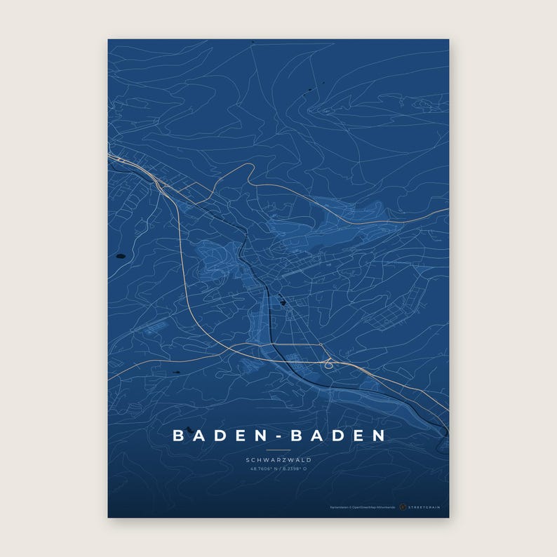 Baden-Baden Stadtplan Poster · Schwarzwald · Karte in 8 Farbwelten · Stadtkarte Wandbild Tiefblau & Eis