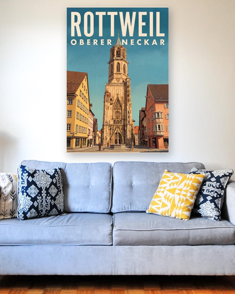 Rottweil Poster · Malerisch · Oberer Neckar · Retro Reiseplakat Schwarzes Tor, Neckartal & Kapellenturm 画像 7